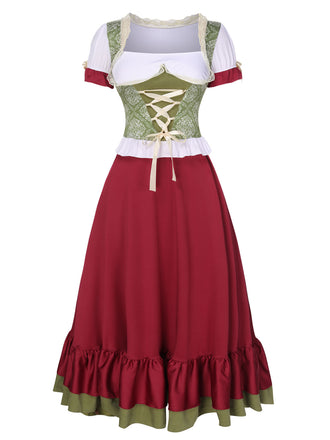 2PCS Rot 1950er Oktoberfest Blumen Puffärmel Bluse & Rock