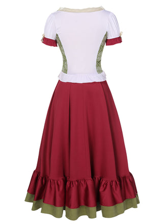 2PCS Rot 1950er Oktoberfest Blumen Puffärmel Bluse & Rock