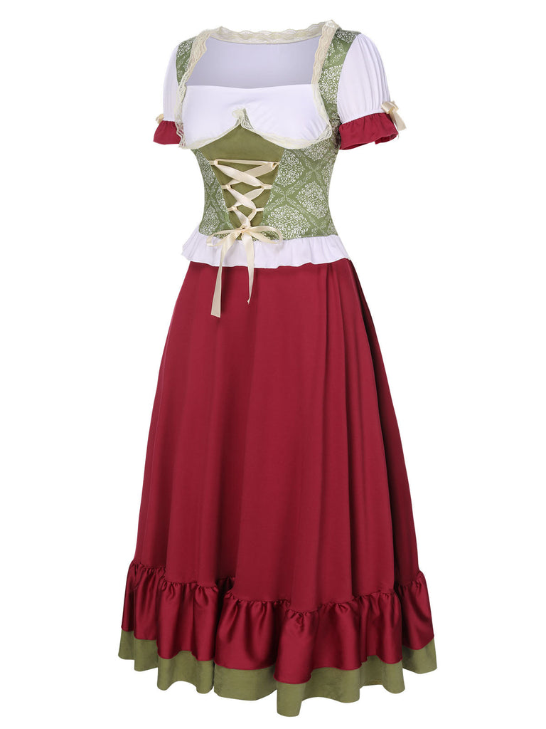 2PCS Rot 1950er Oktoberfest Blumen Puffärmel Bluse & Rock