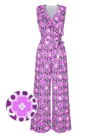 [Vorverkauf] Lila 1970er V-Ausschnitt Blumen Ärmellos Jumpsuit