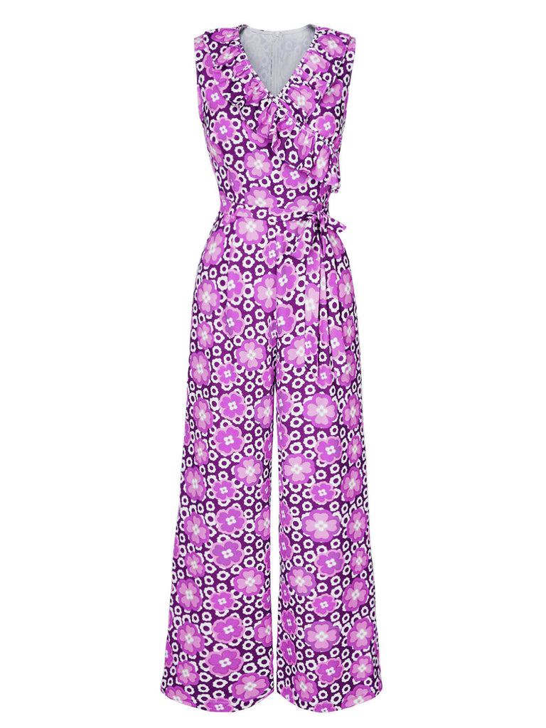 [Vorverkauf] Lila 1970er V-Ausschnitt Blumen Ärmellos Jumpsuit
