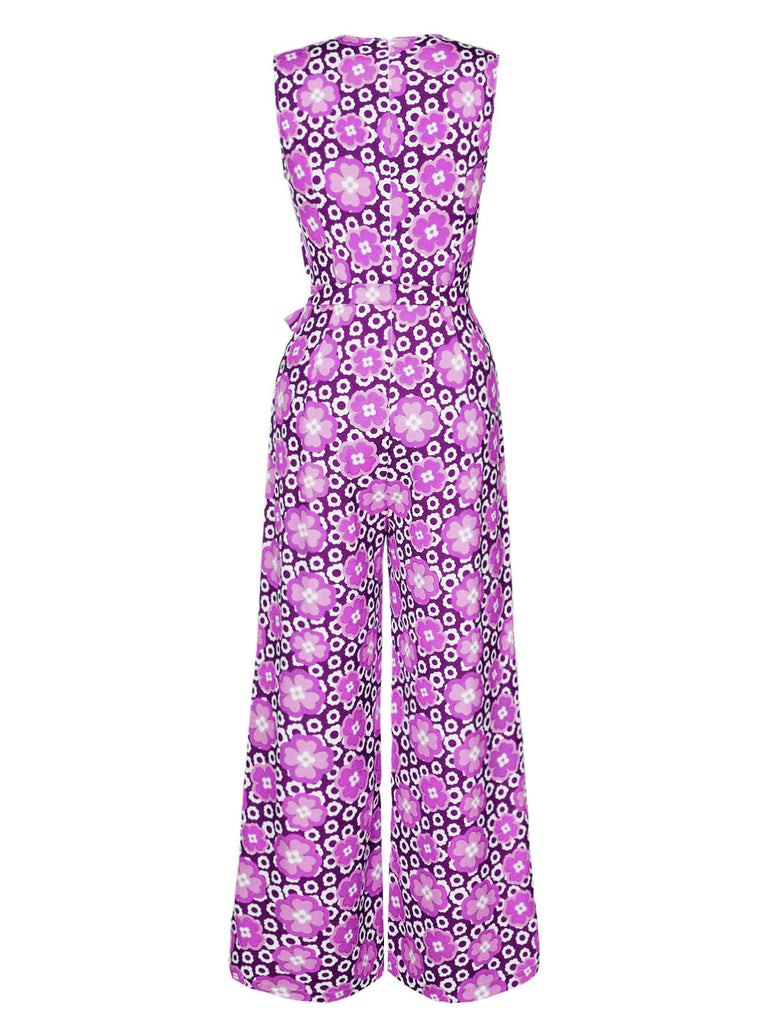 [Vorverkauf] Lila 1970er V-Ausschnitt Blumen Ärmellos Jumpsuit