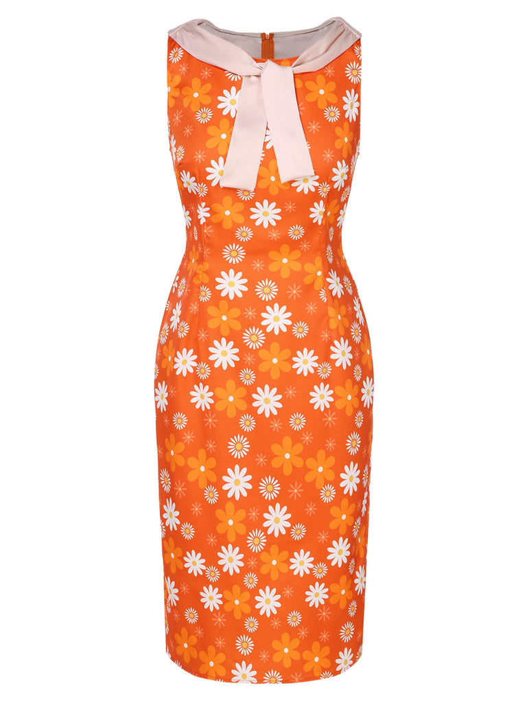 Orange 1930er Tie Neck Floral Sleeveless Kleid
