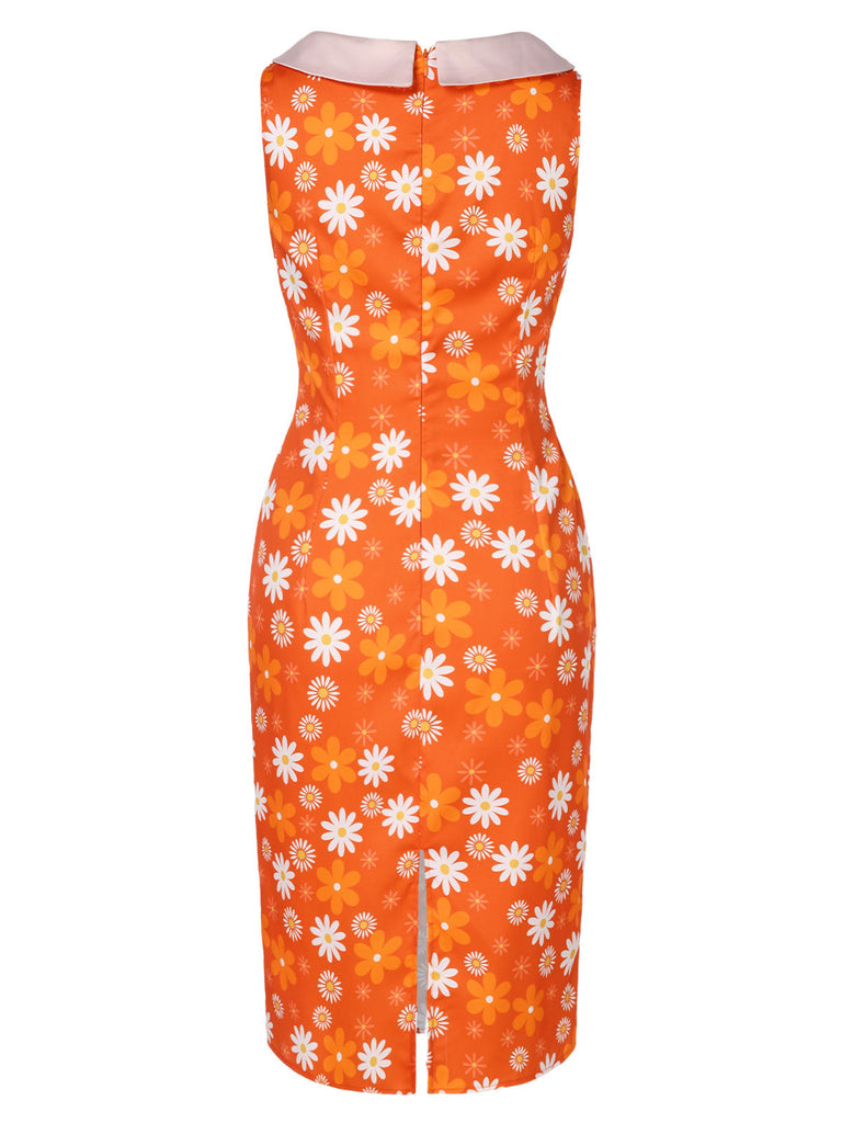 Orange 1930er Tie Neck Floral Sleeveless Kleid