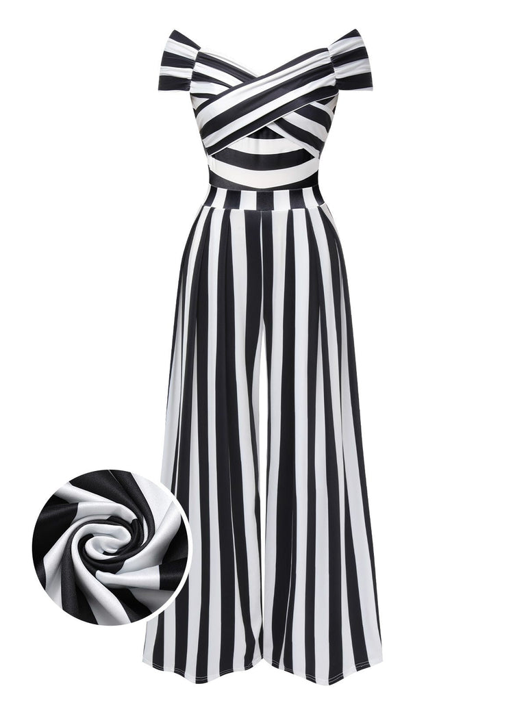 Grün 1960er Schulterfrei Streifen Jumpsuit