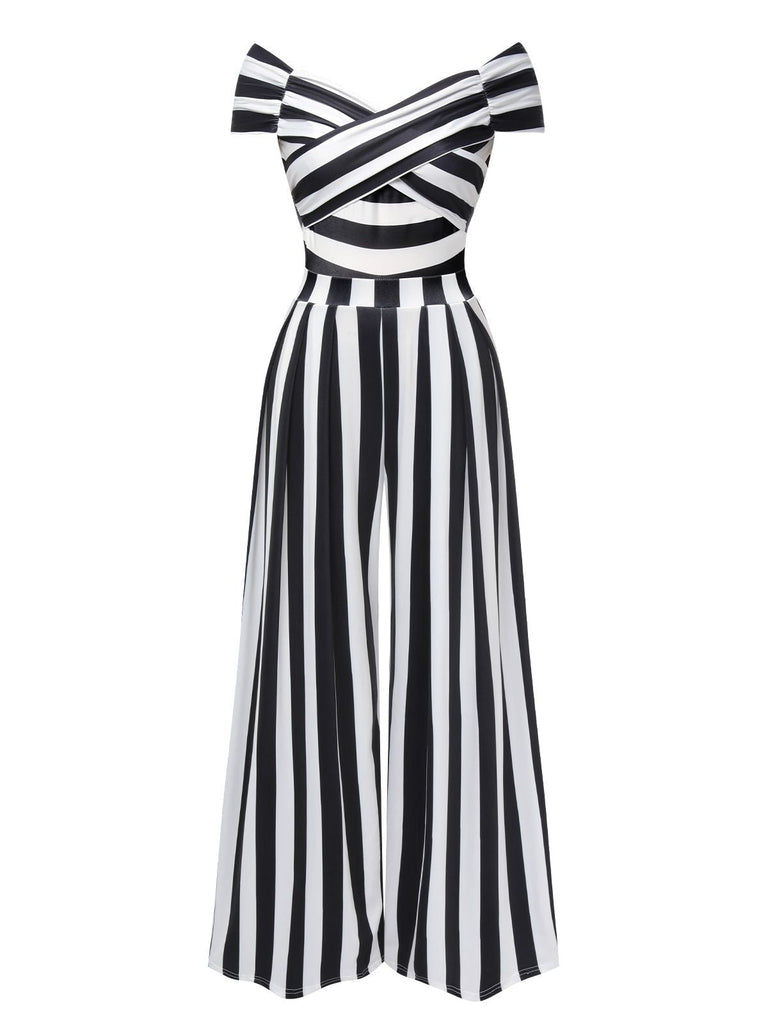 Grün 1960er Schulterfrei Streifen Jumpsuit