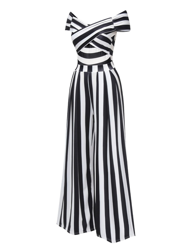 Schwarz Beetlejuice Kostüm 1960er Schulterfrei Stripes Jumpsuit