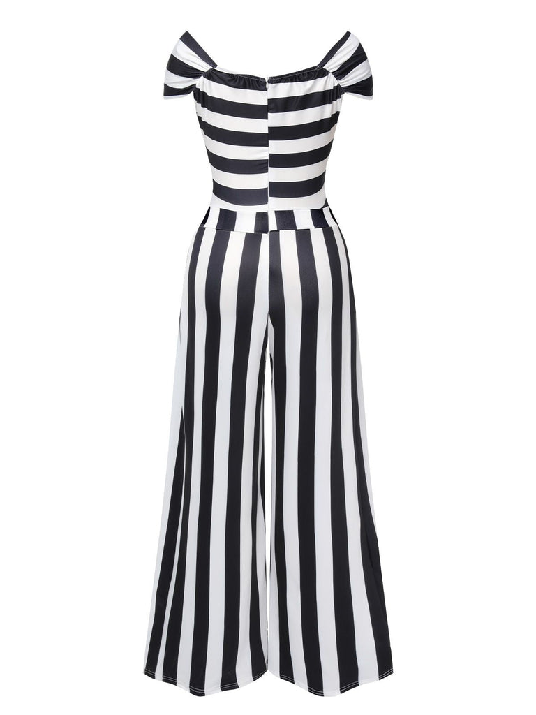 Schwarz Beetlejuice Kostüm 1960er Schulterfrei Stripes Jumpsuit