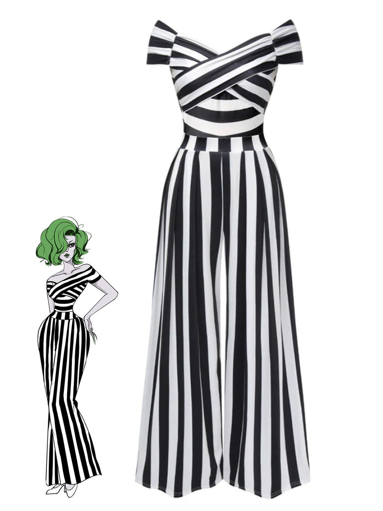 Grün 1960er Schulterfrei Streifen Jumpsuit