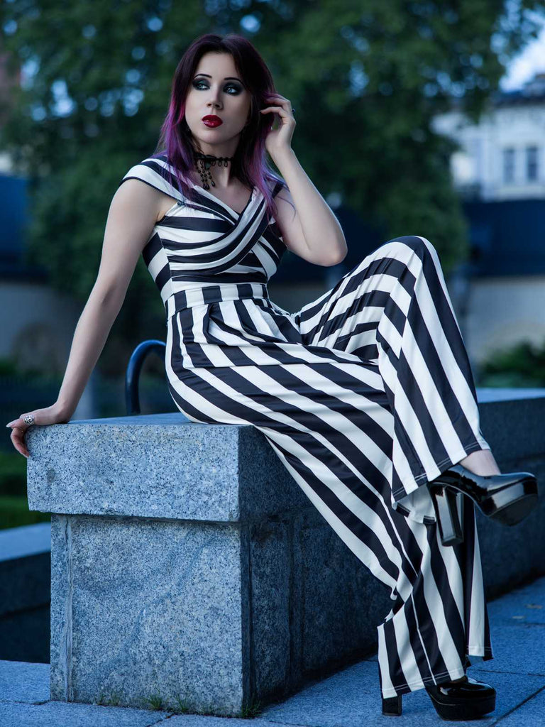 Schwarz Beetlejuice Kostüm 1960er Schulterfrei Stripes Jumpsuit