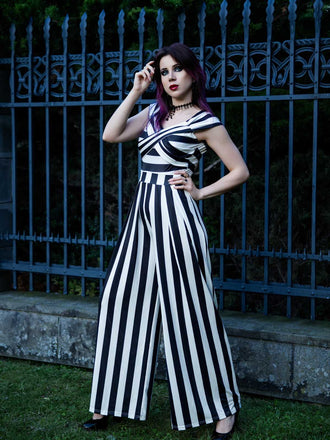 Schwarz Beetlejuice Kostüm 1960er Schulterfrei Stripes Jumpsuit