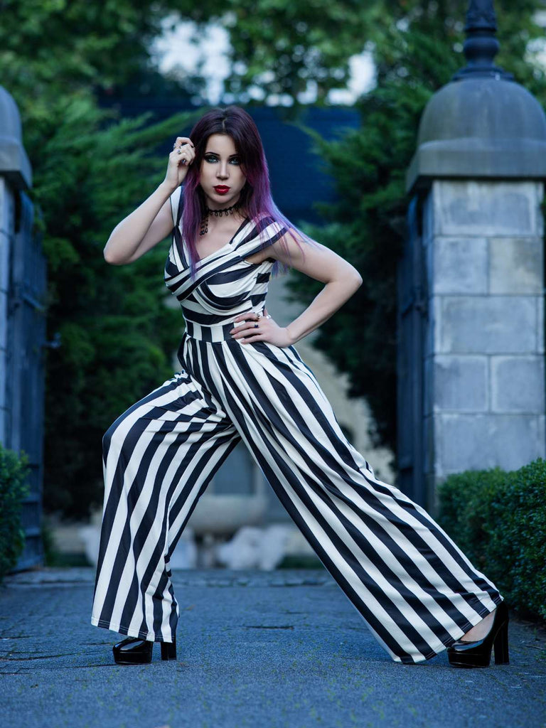 Schwarz Beetlejuice Kostüm 1960er Schulterfrei Stripes Jumpsuit