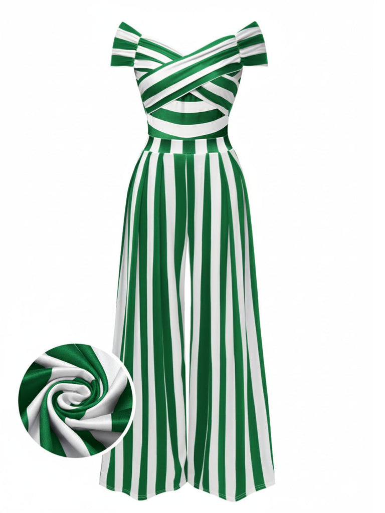 Grün 1960er Schulterfrei Streifen Jumpsuit