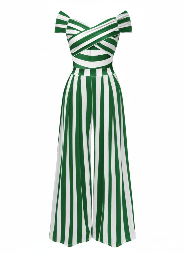 Grün 1960er Schulterfrei Streifen Jumpsuit