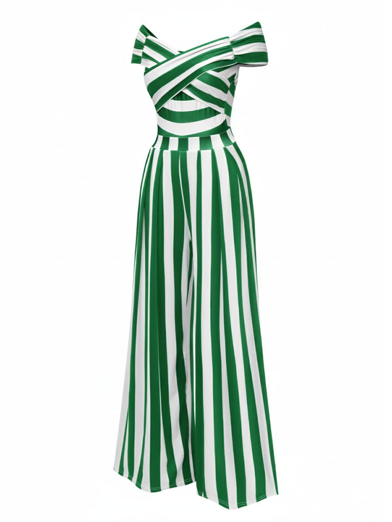 Grün 1960er Schulterfrei Streifen Jumpsuit