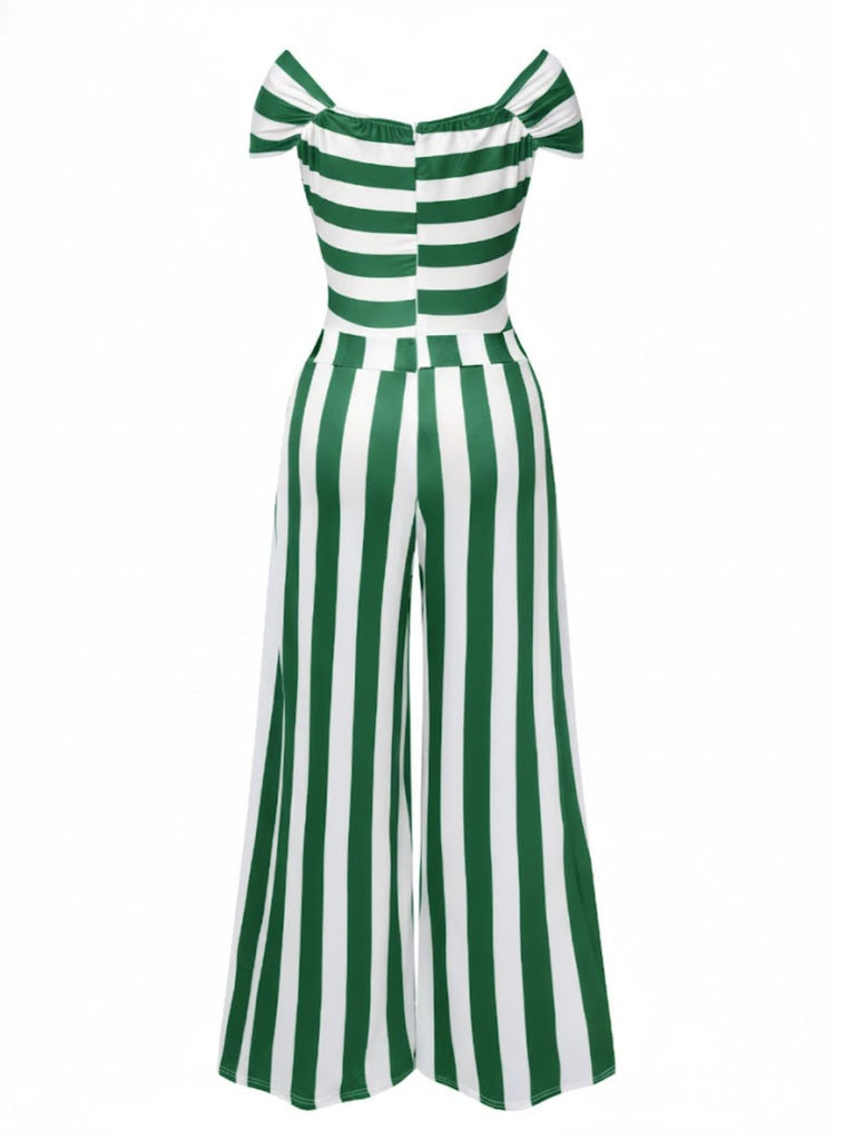 Grün 1960er Schulterfrei Streifen Jumpsuit