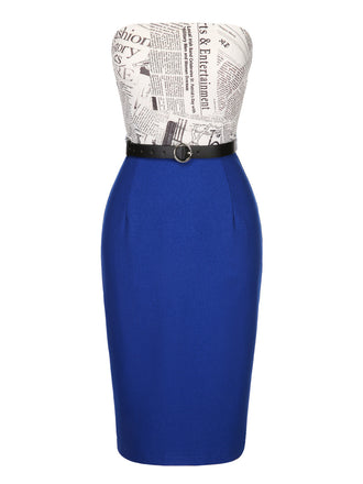 Dunkelblau 1960er Bandeau Zeitungs Gürtel Bleistift Kleid