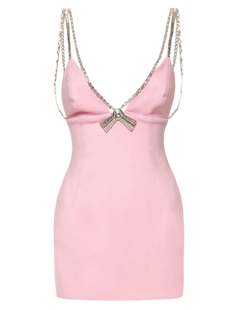 1970er Solid Spaghetti Träger Rhinestones Dress
