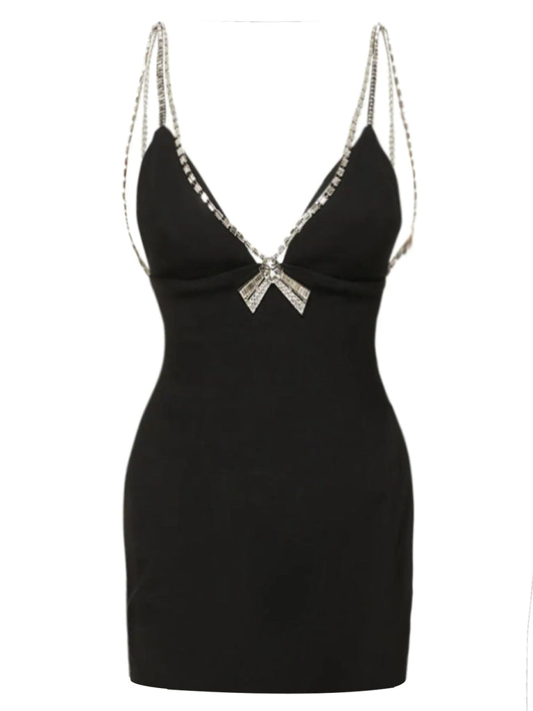 1970er Solid Spaghetti Träger Rhinestones Dress