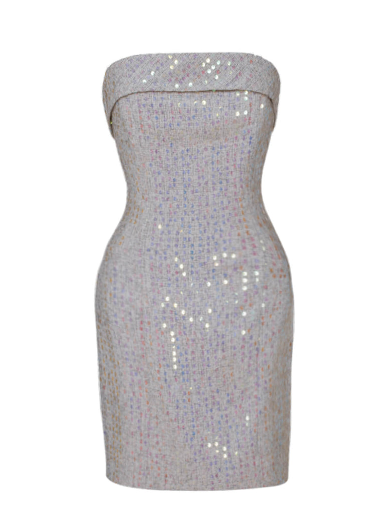 Silver 1970er Bandeau Sequin Pencil Dress