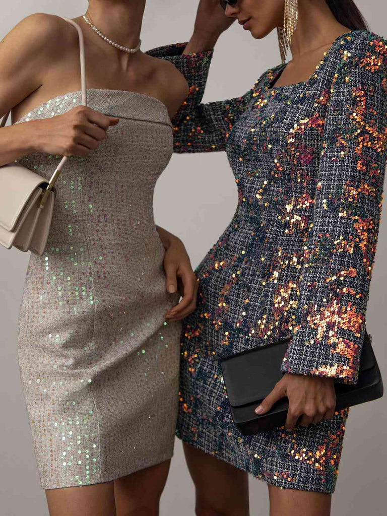 Silver 1970er Bandeau Sequin Pencil Dress