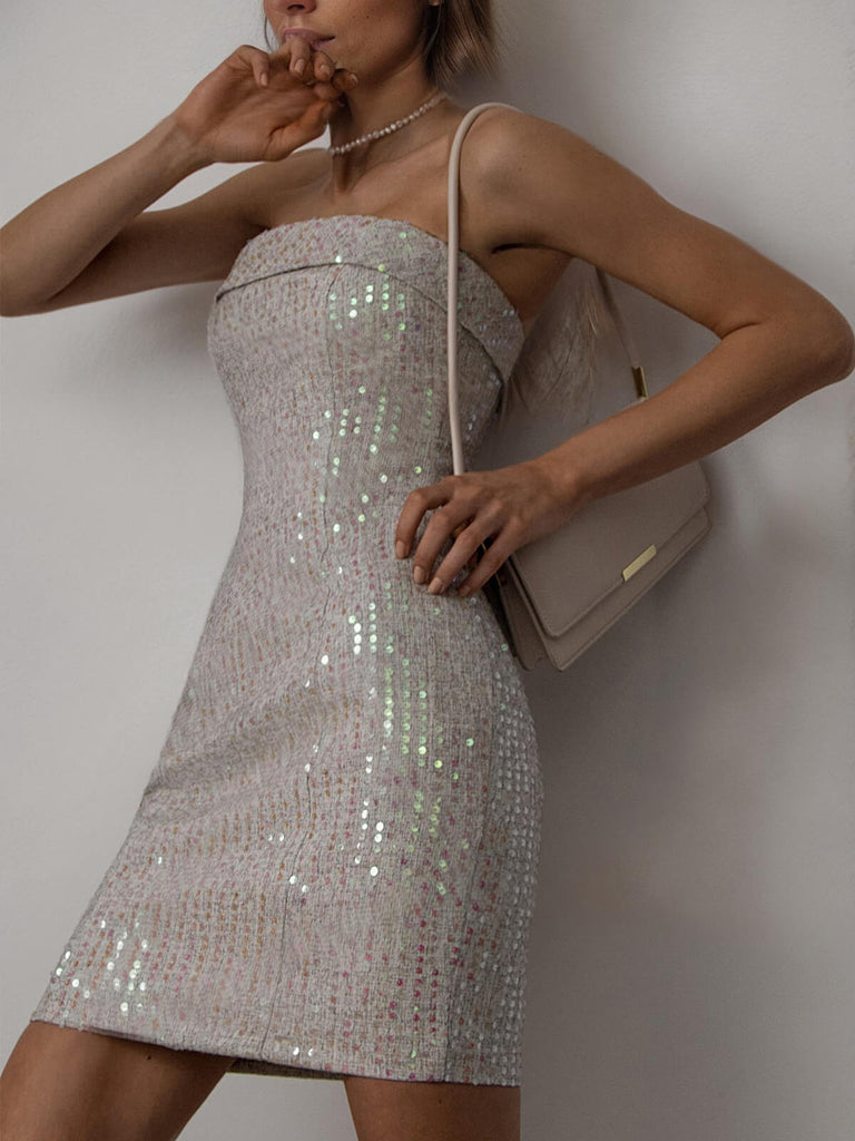 Silver 1970er Bandeau Sequin Pencil Dress