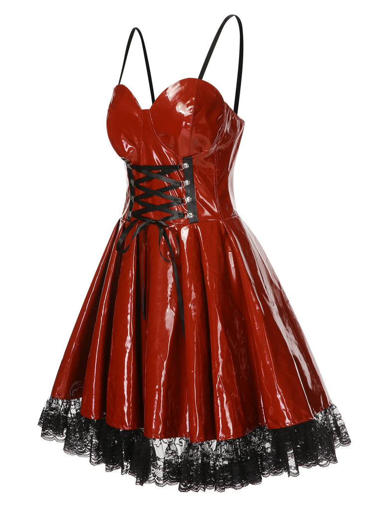 Red 1970er Steampunk Glossy Lace-Up Suspender Dress