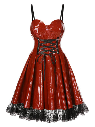 Red 1970er Steampunk Glossy Lace-Up Suspender Dress