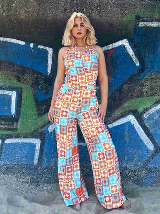 [Vorverkauf] 1960er Halter Farbblock Blumen Ärmellos Jumpsuit
