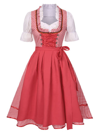 2PCS 1950er Oktoberfest Dirndl Weiß Top & Rot Plaid Kleid & Rot Schürze