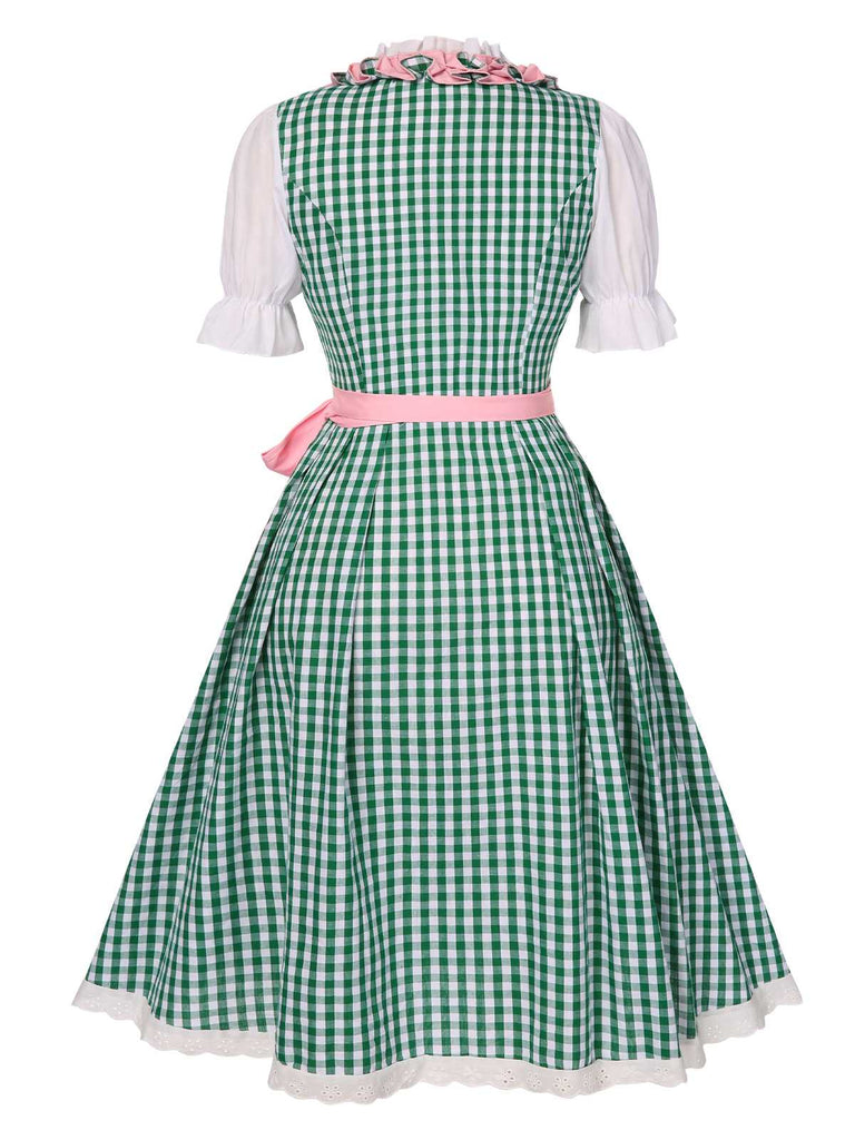 2PCS 1950er Oktoberfest Dirndl Weiß Top & Grün Plaid Kleid & Rosa Schürze