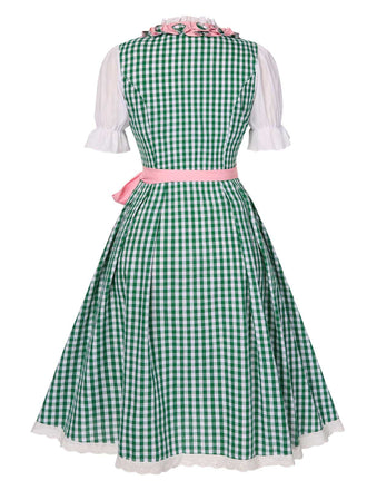 2PCS 1950er Oktoberfest Dirndl Weiß Top & Grün Plaid Kleid & Rosa Schürze