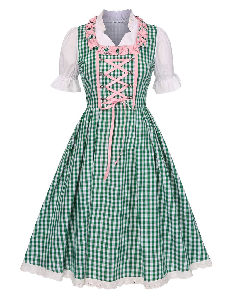 2PCS 1950er Oktoberfest Dirndl Weiß Top & Grün Plaid Kleid & Rosa Schürze