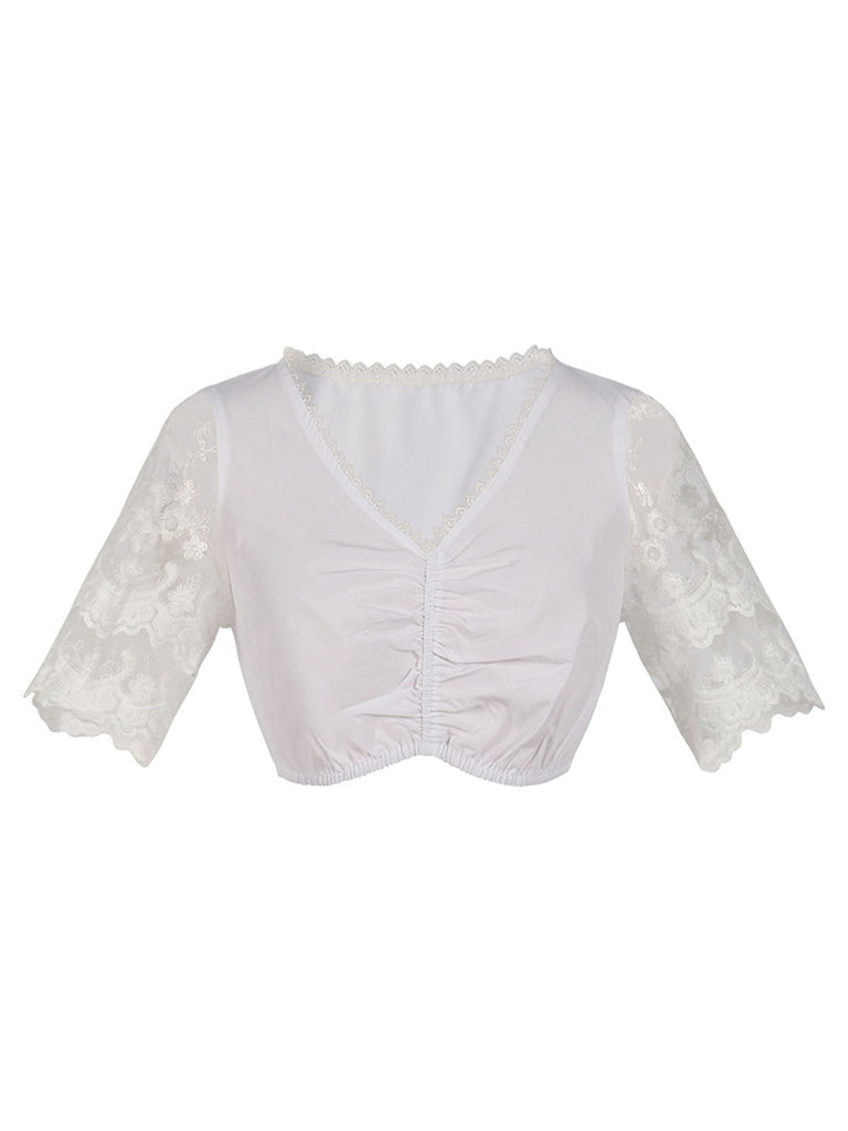 2PCS 1950er Oktoberfest Dirndl Weiß Top & Schwarz Kleid & Grün Schürze