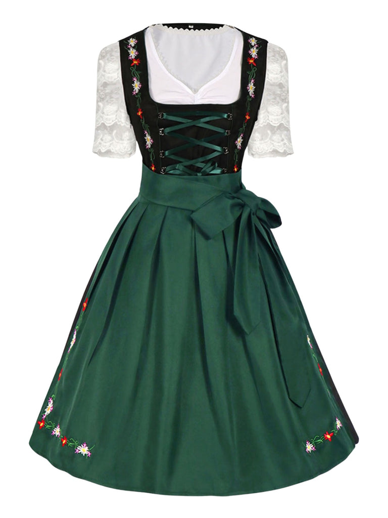 2PCS 1950er Oktoberfest Dirndl Weiß Top & Schwarz Kleid & Grün Schürze