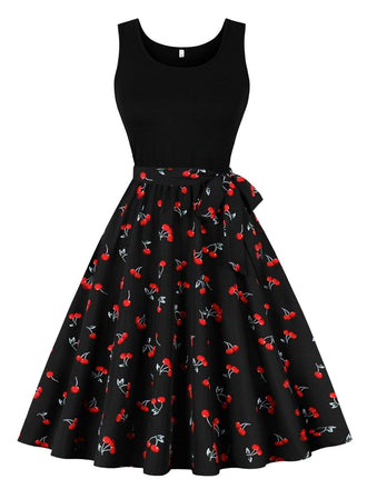 [Vorverkauf] Schwarz 1950er Red Kirsche Patchwork Swing Kleid
