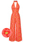 [Vorverkauf] Orange 1960er Blumen Rückenfrei Jumpsuit