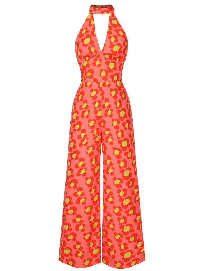 [Vorverkauf] Orange 1960er Blumen Rückenfrei Jumpsuit