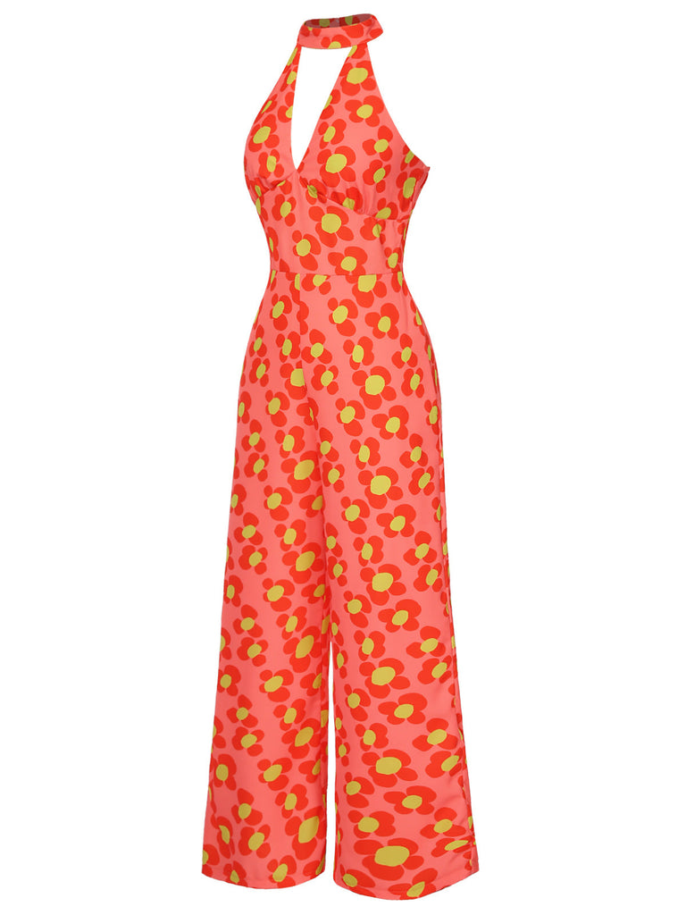 [Vorverkauf] Orange 1960er Blumen Rückenfrei Jumpsuit