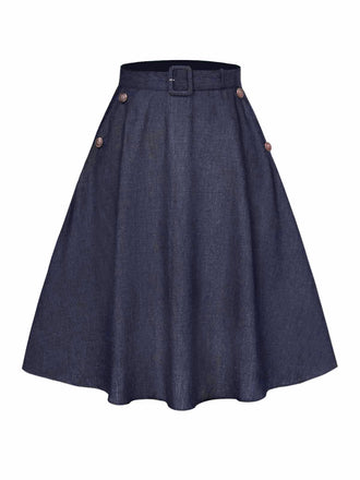 Blau 1940er Solide Knöpfen Rock mit Gürtel