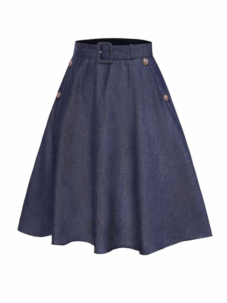 Blau 1940er Solide Knöpfen Rock mit Gürtel
