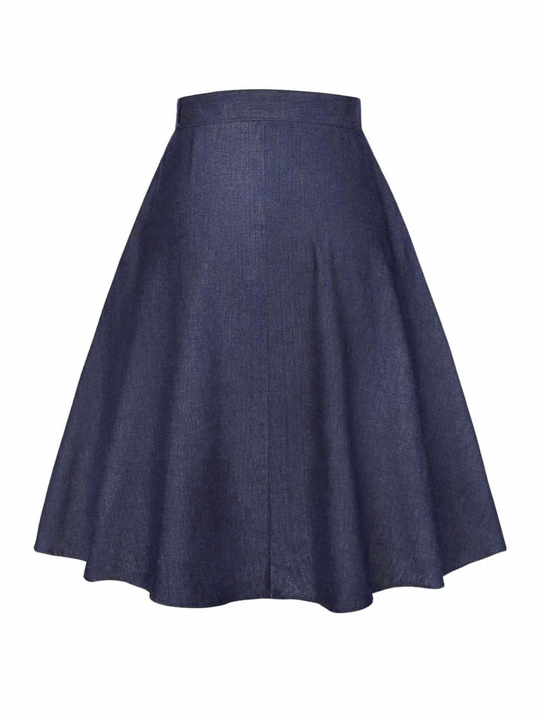 Blau 1940er Solide Knöpfen Rock mit Gürtel