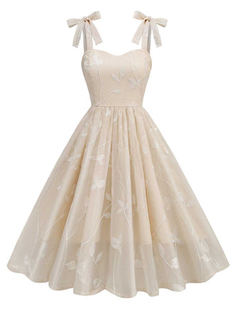 Beige 1950er Spaghetti Träger Bogen Blätter Masche Kleid