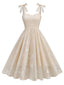 Beige 1950er Spaghetti Träger Bogen Blätter Masche Kleid