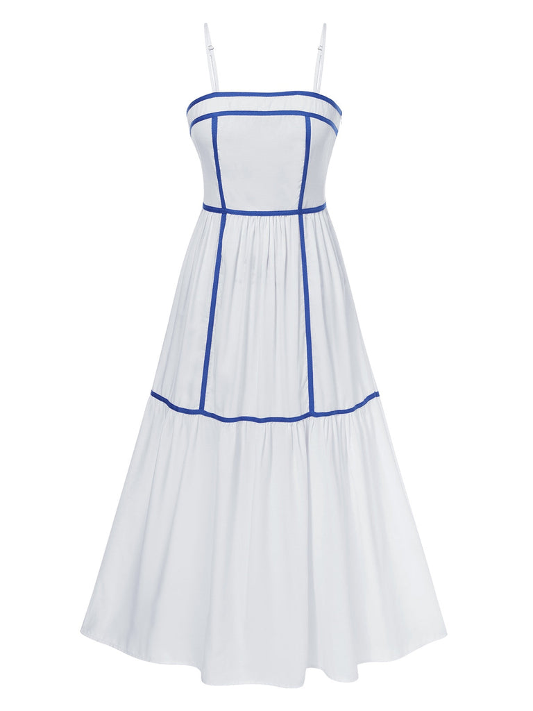 Weiß 1950er Spaghetti Träger Blau Linien Kleid