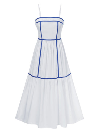 Weiß 1950er Spaghetti Träger Blau Linien Kleid