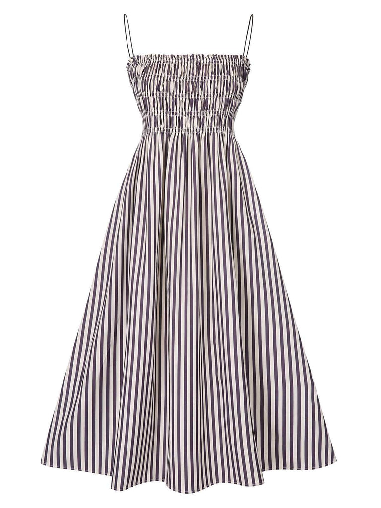 Schwarz 1950er Streifen Wrinkles Spaghetti Träger Dress