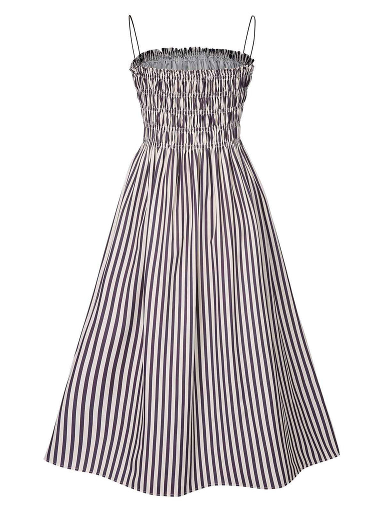 Schwarz 1950er Streifen Wrinkles Spaghetti Träger Dress
