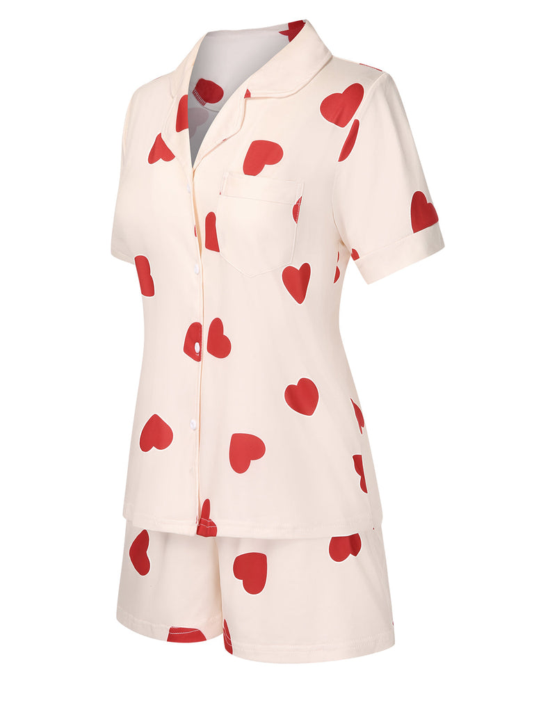 2PCS Herz Kurzarm Hemd Shorts Pyjama