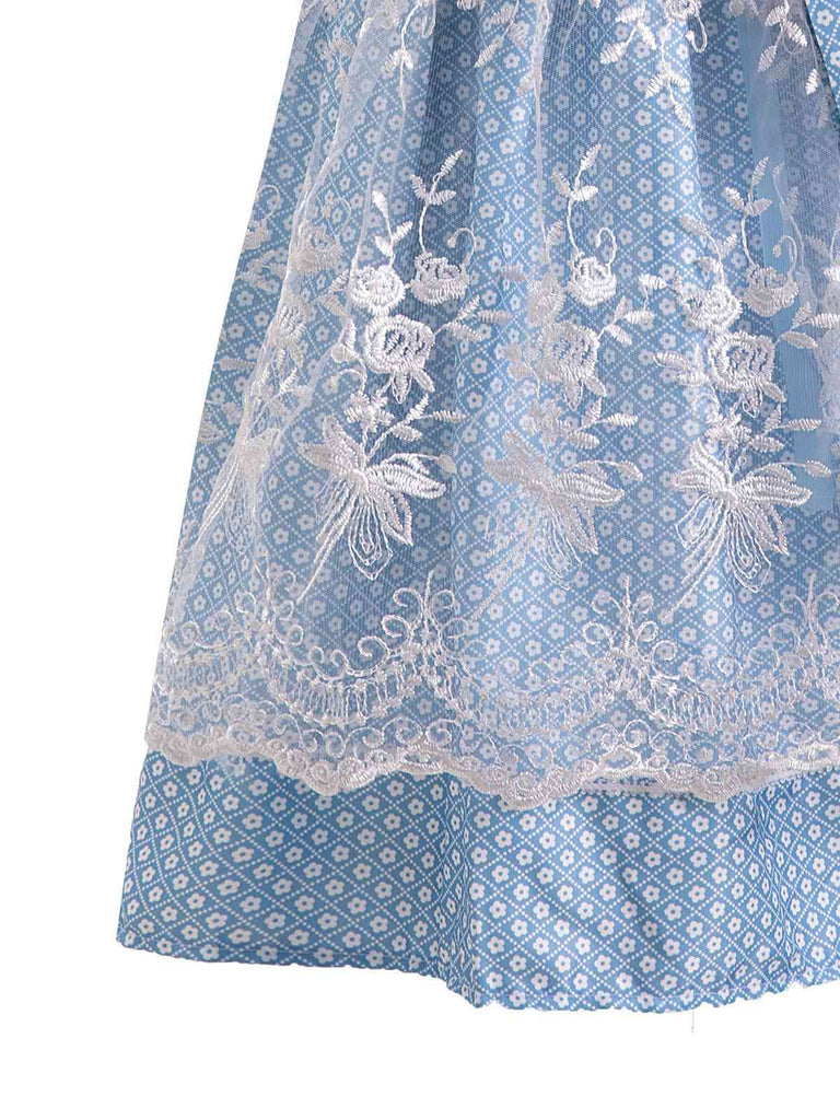 Blau 1950er Oktoberfest Dirndl Spitze Patchwork Kleid Set